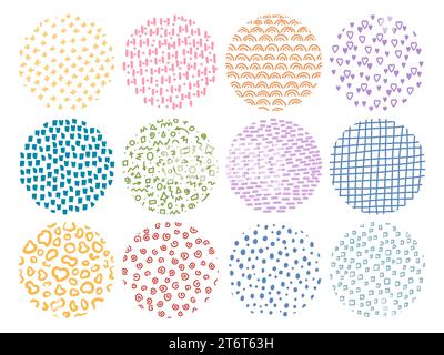 Simple doodle textures. Round hand drawn pattern. Abstract random shapes. Polka dots and checkered print. Minimal strokes. Crosses and stripes. Circle Stock Vector