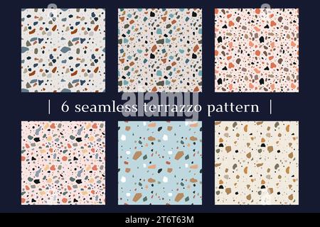 Terrazzo seamless patterns. Classic Italian textures. Granite and marble texture. Natural stone material. Interior surfaces. Abstract particles. Wall Stock Vector