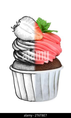 Cupcake with strawberry on white background, combination of photo and sketch Stock Photo