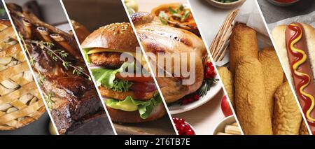 Different tasty American dishes. Collage of apple pie, roasted ribs, burger, turkey, hot and corn dogs Stock Photo