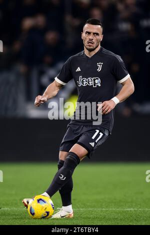 Filip Kostic of Juventus FC in action during the Serie A football match between Juventus FC and Cagliari Calcio. Stock Photo