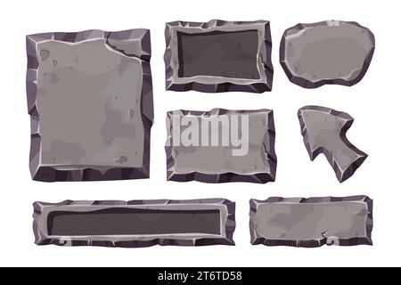 Set stone game menu panels, textured ui frames interface template in comic cartoon style isolated on white background. Vector illustration Stock Vector