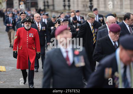 London, UK. 12th Nov, 2023. Military veterans arrive on The Mall in central London before a service is held at The Cenotaph on Whitehall in Westminster on Remembrance Sunday. Thousands of people honour the war dead by gathering at the iconic memorial to lay wreaths and observe two minutes silence. Photo credit: Ben Cawthra/Sipa USA Credit: Sipa USA/Alamy Live News Stock Photo