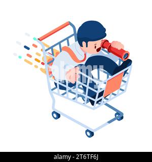 Flat 3d Isometric Businessman with Telescope in Shopping Cart. Marketing Forecasting Concept. Stock Vector