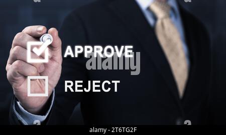 Approve concept. businessman touching check mark to approval document on virtual screen. Quality Control, Evaluation form, questionnaire, consideratio Stock Photo
