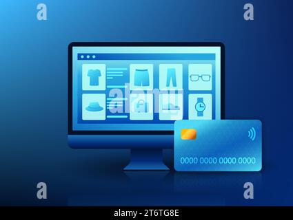 E-commerce business technology The computer screen has merchandise along with a credit card. It refers to selling products through a website or app. C Stock Vector