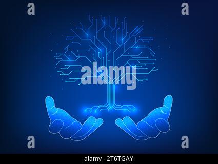 Renewable energy technology Two hands holding a tree that is a technological circuit. It represents working together to help preserve the environment Stock Vector