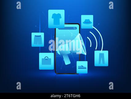 E-commerce business technology A smartphone with a megaphone and merchandise displayed on it represents online sales that require a promotion mode in Stock Vector