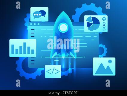 Software technology, a screen showing command code with a screen with rockets rising up represents the development of software to create new technolog Stock Vector