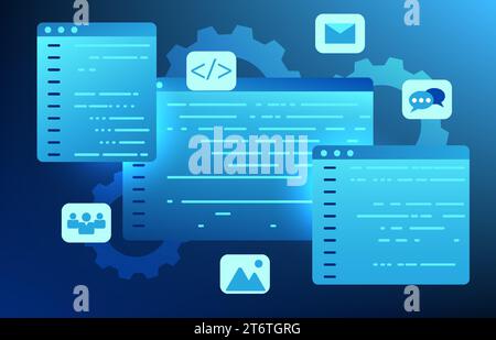 Software system development technology It is a screen for writing code to give instructions for using the computer system. The software is also used i Stock Vector