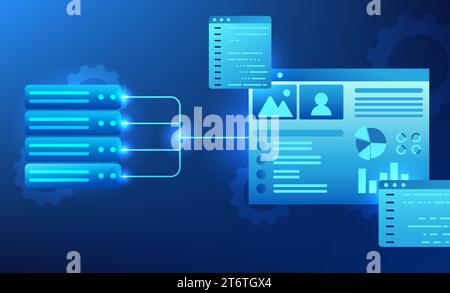 Software technology that connects data to the server system with a display screen. Refers to writing software to give commands to computers, the artif Stock Vector