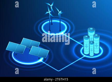 Renewable energy technology Wind turbines and solar cells charge electrical energy to batteries. It is clean energy that comes from nature that helps Stock Vector