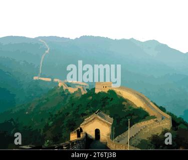 The Great Wall of China Illustration with Silhouette Style Stock Vector ...