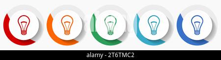 Bulb vector icon set, flat design colorful round icons in 5 color options for webdesign and mobile applications Stock Vector