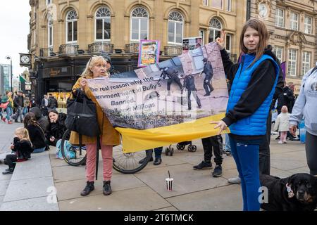 Newcastle upon Tyne, UK. 11th November 2023. Protest appealing for an end to Breed Specific Legislation, as XL Bully breed of dog ownership will become a criminal offence in England and Wales without a certificate of exemption, from 31st January 2024. Credt: Hazel Plater/Ģ����ý Live News Stock Photo