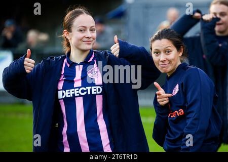 Jodie Lodge (2 Dulwich Hamlet) and Lucy Monkman (14 Dulwich Hamlet) after a game Stock Photo