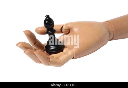 Robot with bishop isolated on white. Wooden hand representing artificial intelligence playing chess Stock Photo