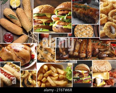 Different tasty American dishes. Collage with burgers, hot dogs, roasted ribs, apple pie and others Stock Photo