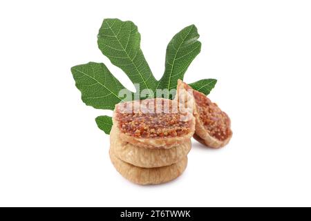 Dried figs and green leaf isolated on white Stock Photo