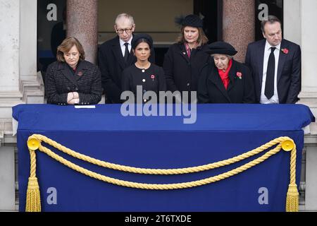 (Front row left to right) Cherie Blair, Akshata Murty, Norma Major and Hugh O'Leary (back row left to right) Philip May and Sarah Brown stand on a balcony at the Foreign, Commonwealth and Development Office (FCDO) on Whitehall, during the Remembrance Sunday service at the Cenotaph in Whitehall, London. Picture date: Sunday November 12, 2023. Stock Photo
