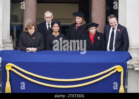 (Front row left to right) Cherie Blair, Akshata Murty, Norma Major and Hugh O'Leary (back row left to right) Philip May and Sarah Brown stand on a balcony at the Foreign, Commonwealth and Development Office (FCDO) on Whitehall, during the Remembrance Sunday service at the Cenotaph in Whitehall, London. Picture date: Sunday November 12, 2023. Stock Photo