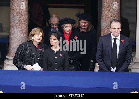 (Left to right) Cherie Blair, Akshata Murty, Philip May, Norma Major, Sarah Brown and Hugh O'Leary stand on a balcony at the Foreign, Commonwealth and Development Office (FCDO) on Whitehall, during the Remembrance Sunday service at the Cenotaph in Whitehall, London. Picture date: Sunday November 12, 2023. Stock Photo