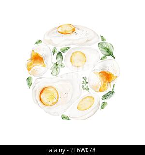 Round label with eggs and green herbs. Watercolor hand-drawn illustration. For the icons, design of signage, logo, healthy brand labels, packaging, ba Stock Photo