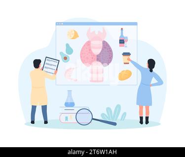 Diet for thyroid disease vector illustration. Cartoon tiny doctors with magnifying glass and clipboard with medical prescription advise food to relieve symptoms of hypothyroidism, hyperthyroidism Stock Vector