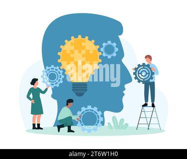Critical thinking for problem solving vector illustration. Cartoon tiny people work with gears and light bulb from puzzle pieces in abstract head, innovation critic skill to find creative solution Stock Vector