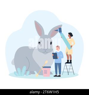 Examination of rabbit by veterinarian vector illustration. Cartoon tiny doctors check ear of pet with otoscope in vet hospital, people clean with cotton swab and treat ear problems of cute animal Stock Vector