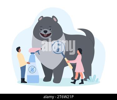 Diagnosis of parasite infection by veterinarian vector illustration. Cartoon tiny doctors with magnifying glass look for fleas and ticks on dirty dogs fur and skin, control insects with treatment Stock Vector