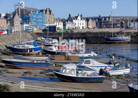 Stonehaven harbour and town at sunrise during the summer Stock Photo