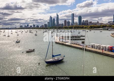 The ship Abegweit is the base of the Columbia Yacht Club.  It is located in the heart of Chicago's sailing scene and from the deck you have an unobstructed view of the Chicago skyline. Chicago, United States Stock Photo
