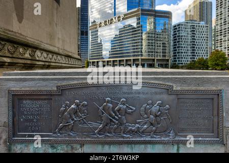 Inscription on the DuSable Bridge: In Honor of Réné-Robert Cavalier Sieur de la Salle & Henry de Tonti, who passed through this River on their Way to the Mississippi in December 1681. Chicago, United States Stock Photo