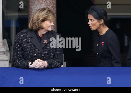 Cherie Blair (left) and Akshata Murty stand on a balcony at the Foreign, Commonwealth and Development Office (FCDO) on Whitehall during the Remembrance Sunday service at the Cenotaph, in Whitehall, London. Picture date: Sunday November 12, 2023. Stock Photo