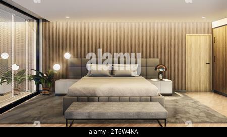 3D rendering illustration of modern house Interior Scene - Bedroom Stock Photo