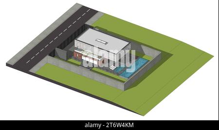 3D top view of Residential Modern House Exterior Scene Stock Photo