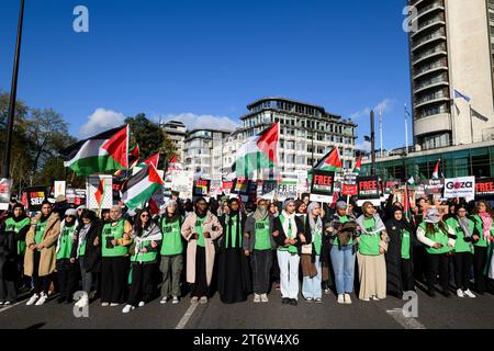 Marchers at the start of a Pro-Palestine march calling for a ceasefire of the ongoing military offensive of Gaza by Israeli defence forces. The march Stock Photo