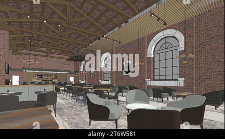 Industrial Restaurant and Bar Interior 3D rendering, 3D model Stock ...