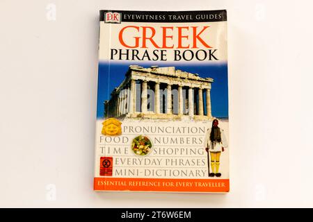 London. UK. 11.05.2023. A Greek phrase book isolated in white. Stock Photo