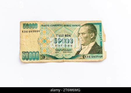 The front of an old Turkish fifty thousand lira bank note. Stock Photo