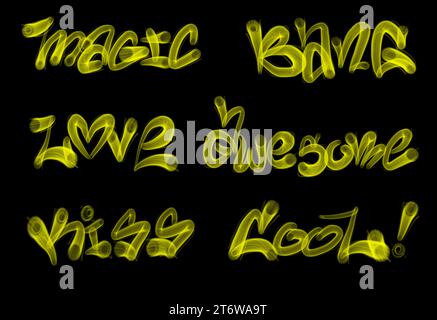 Collection of graffiti street art tags with words and symbols in yellow color on black background Stock Photo
