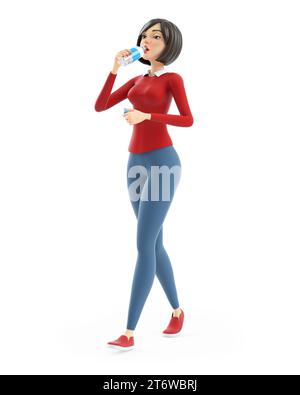 3d casual girl drinking water on bottle, illustration isolated on white background Stock Photo