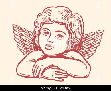 Little Angel with wings. Hand drawn cherub in engraving style. Vintage vector illustration Stock Vector
