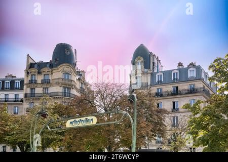 Paris, beautiful buildings place de la Nation in the 11e arrondissement, with the subway entrance Stock Photo