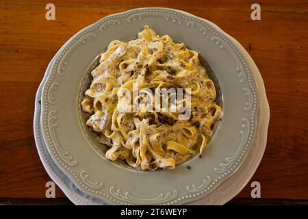 Truffles in Creamy Tagliatelle Pasta, Food Dish, Restaurant, Old Town, Novigrad, Croatia Stock Photo