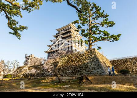 Fukuyama castle, Japan. The north side of the borogata keep with its black iron plate cladding on a springtime day with cherry blossoms and blue sky. Stock Photo