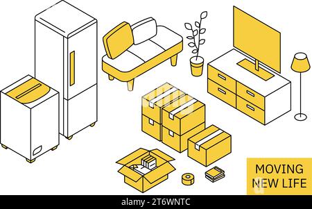 Finding a room for rent: preparing to move in, simple isometric, Vector Illustration Stock Vector