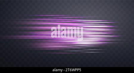 Horizontal speed rays, light neon flow, zoom in motion effect, pink glow speed lines, colorful light trails, stripes. Abstract background, vector Stock Vector