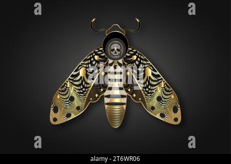 The death's head moth in dark gold colors. Night mystical butterfly with a skull. Golden luxury vector illustration of Acherontia winged insect Stock Vector
